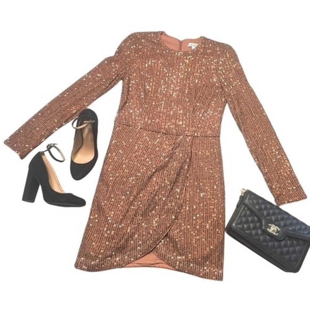 Toccin x RTR Rose Gold Sequin Wrap Front Long Sleeve Mini Dress Size 2